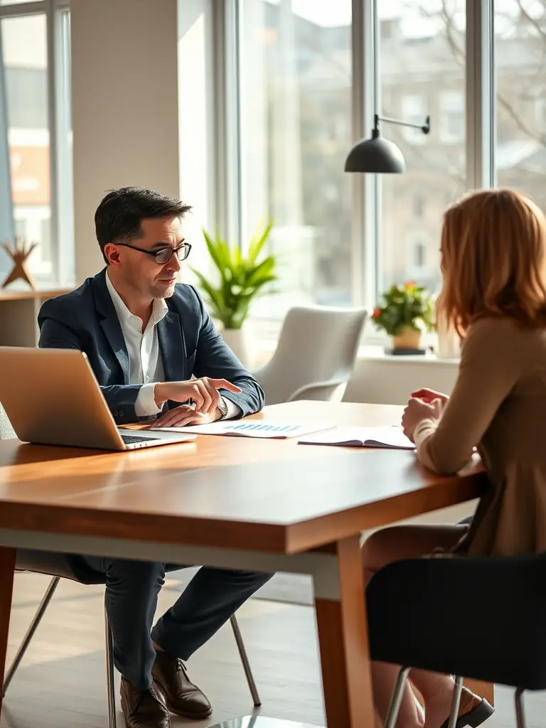 A UK business coach facilitating a strategic planning session with a small business owner in a bright, modern office.