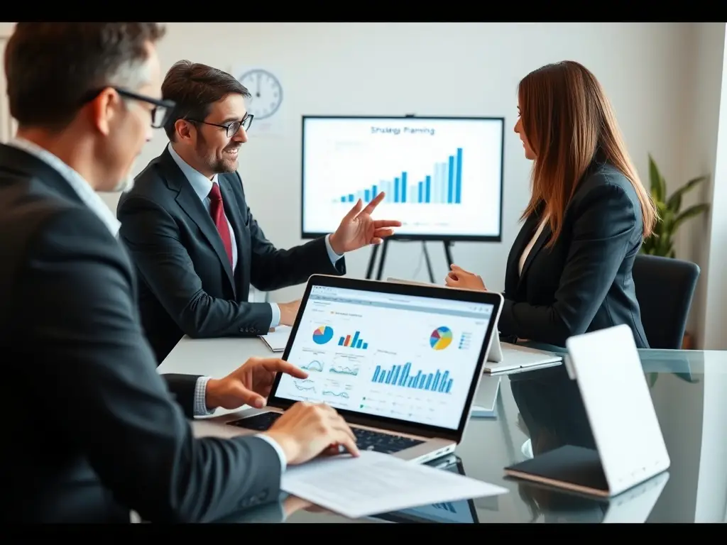 A professional business coach in a modern office setting, guiding a client through a strategic planning session, with charts and graphs visible in the background, symbolizing business growth and success.