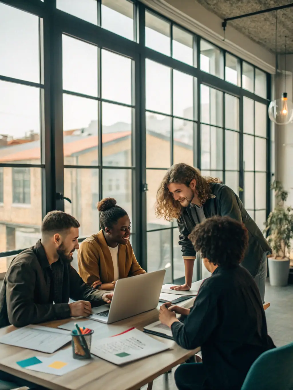 A diverse group of UK business professionals collaborating in a modern co-working space, symbolizing teamwork and innovation.