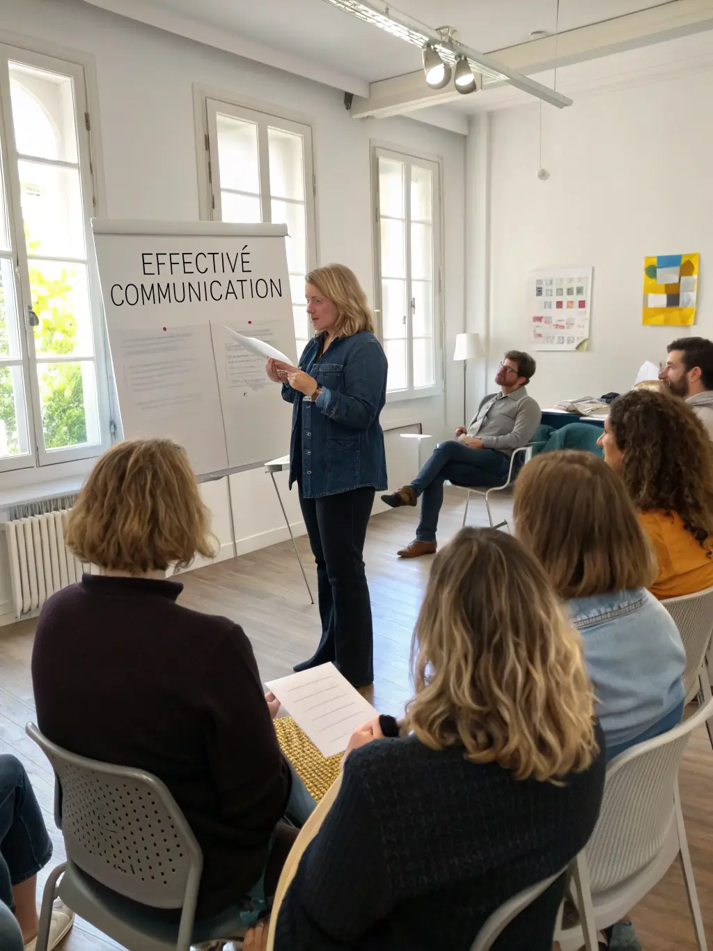 A business coach leading a workshop on effective communication strategies, with participants actively engaging in role-playing exercises.