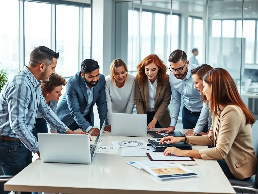 A diverse team of business professionals collaborating in a modern office, brainstorming ideas and developing leadership skills, symbolizing team empowerment and growth.