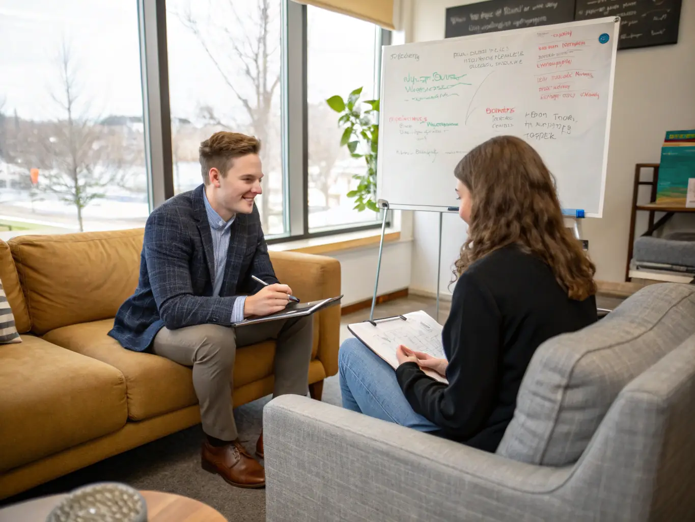 A business coach working with an entrepreneur in a co-working space, focusing on personal development and career growth, with motivational quotes and success stories displayed on the wall.